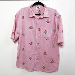 Wes & Willy Red & White Seersucker Stripe Ohio State Short Sleeve Button Up XL